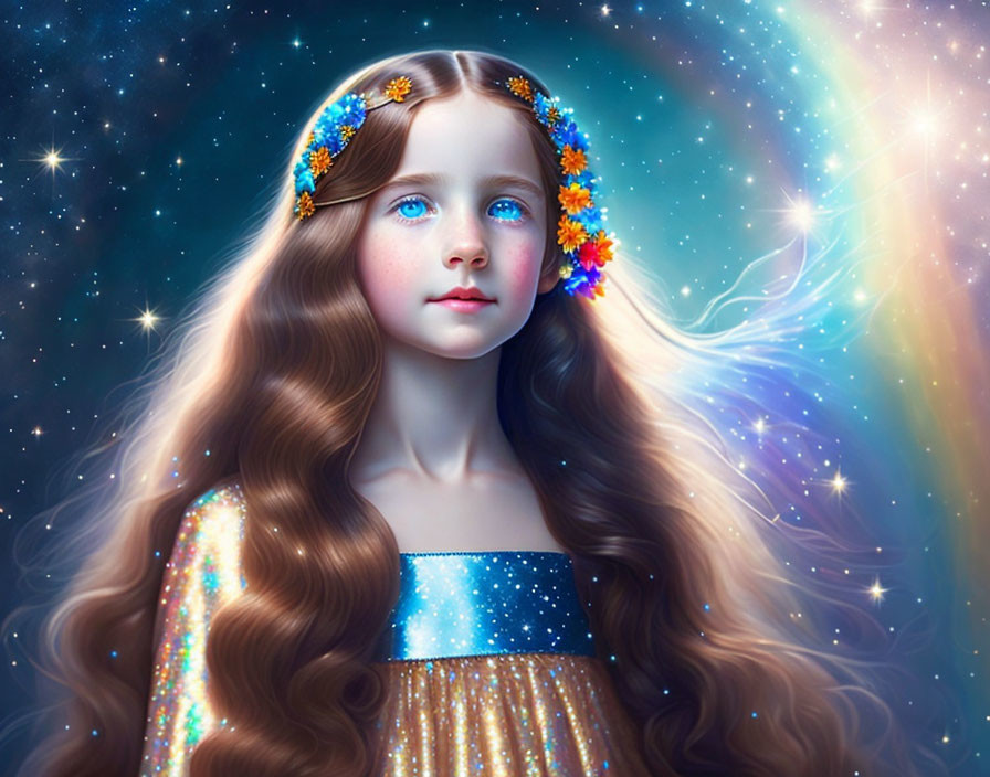 Young girl digital art: blue-eyed, long hair, floral headband, mystical glow, stars.