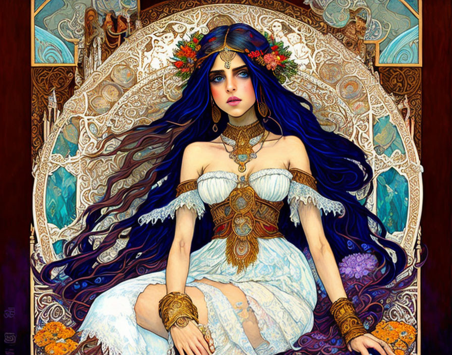 Illustrated woman with blue hair and intricate jewelry on Art Nouveau background