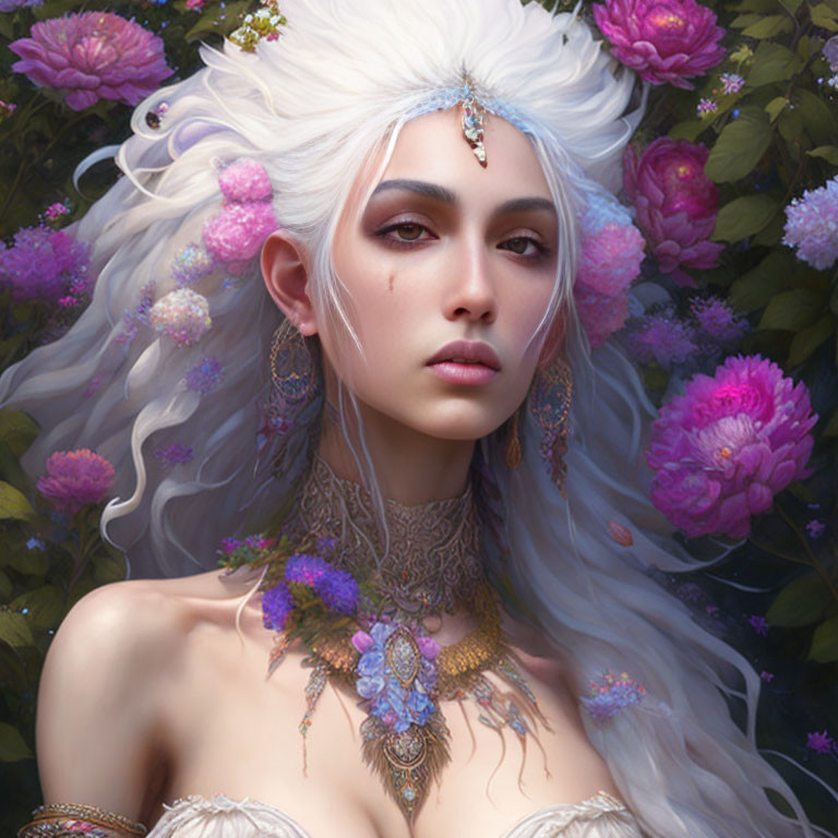 Fantasy female character with white hair and jeweled headpiece surrounded by vibrant flowers.