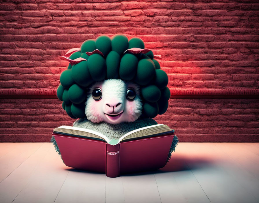 Animated sheep with green berry-like wool reading book by red brick wall