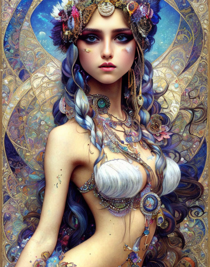 Fantasy illustration of a woman with blue and white hair and intricate jewelry