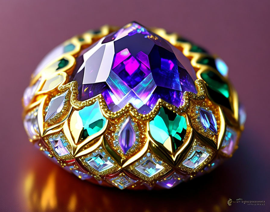Intricate jeweled egg with purple gemstone and gold filigree
