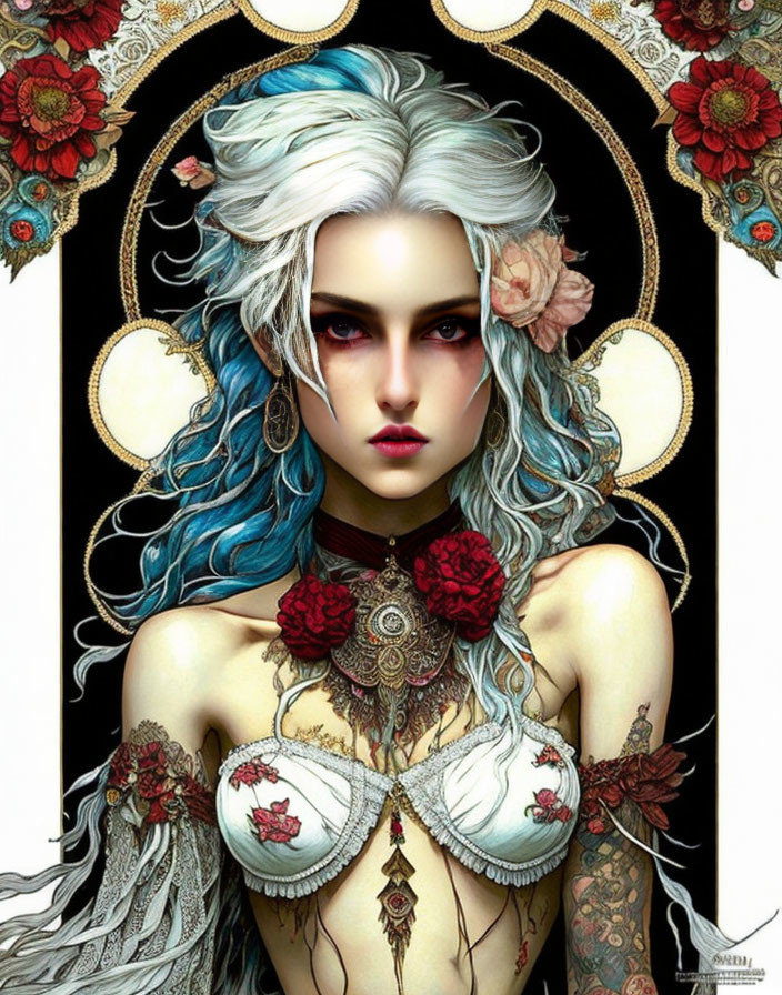 Digital Art Portrait of Female Figure with Pale Skin, Red Eyes, and Blue Hair with Flowers