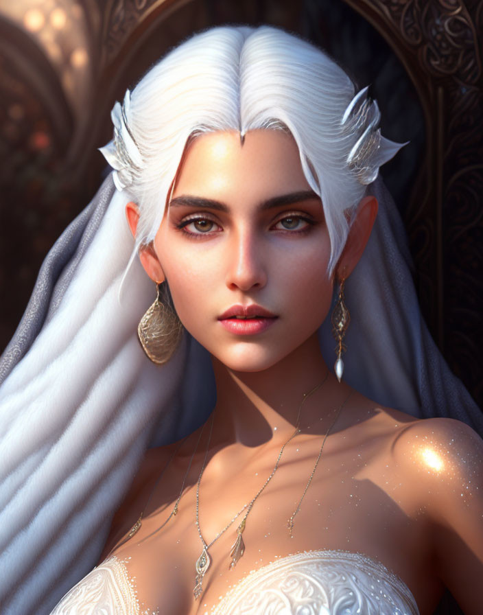 White-haired Elf Woman with Crown in Front of Blurred Doorway