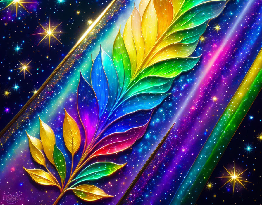 Colorful feather and leaf digital art in starry space with rainbow streaks
