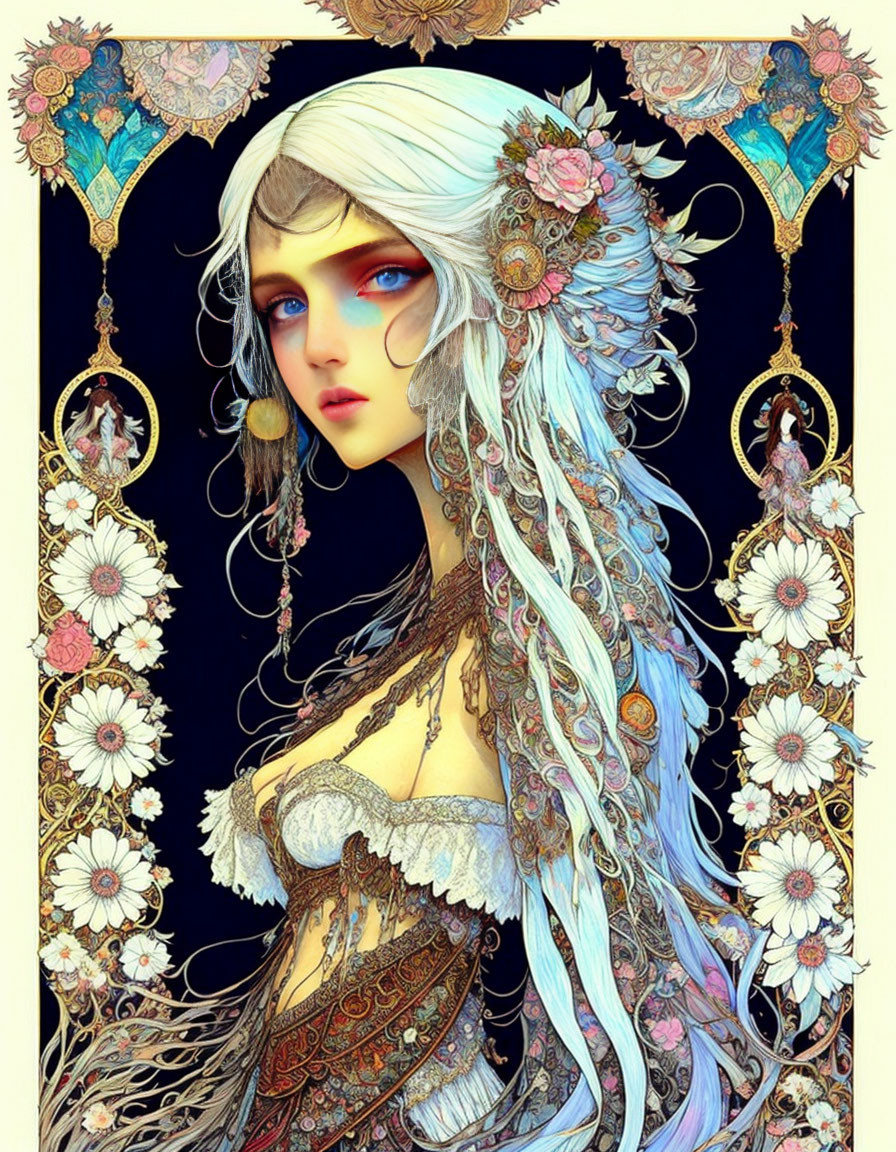 Illustrated fantasy female with blue hair and floral decorations in art nouveau border.