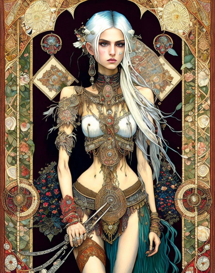 Illustration of a White-Haired Female Warrior in Golden Armor with Sword on Art Nouveau Background