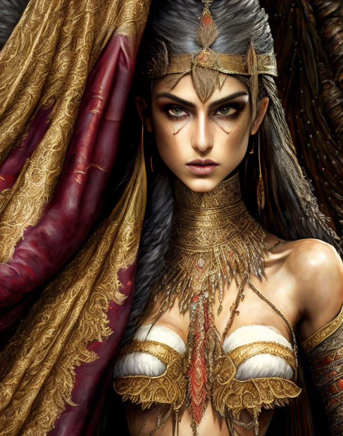 Digital artwork of female warrior with intense eyes, ornate headpiece, and gold jewelry against purple and