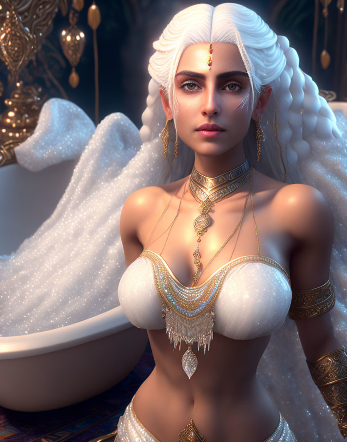 Digital Art: Elegant Woman with White Hair and Gold Jewelry in Luxurious Bath Setting
