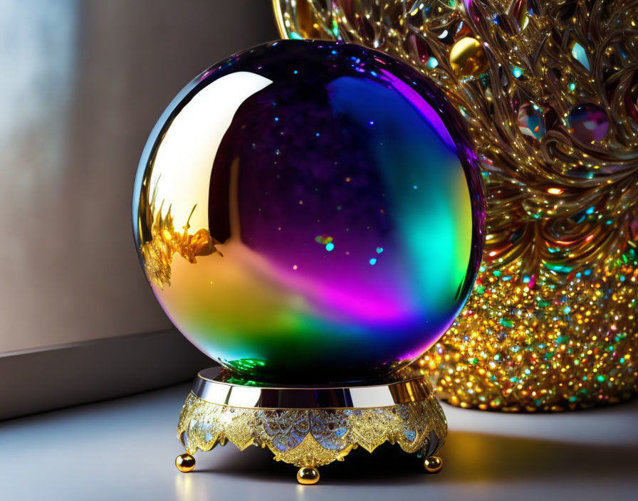 Colorful Glass Orb on Decorative Stand Next to Golden Structure