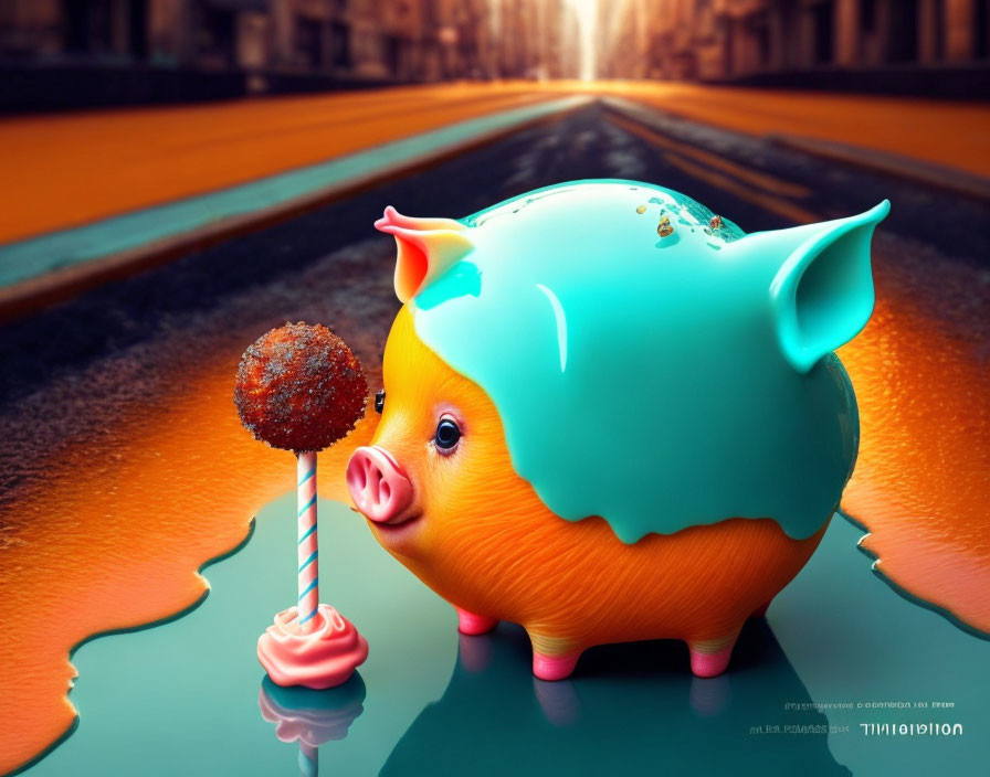 Colorful Piggy Bank and Lollipop on Reflective Surface