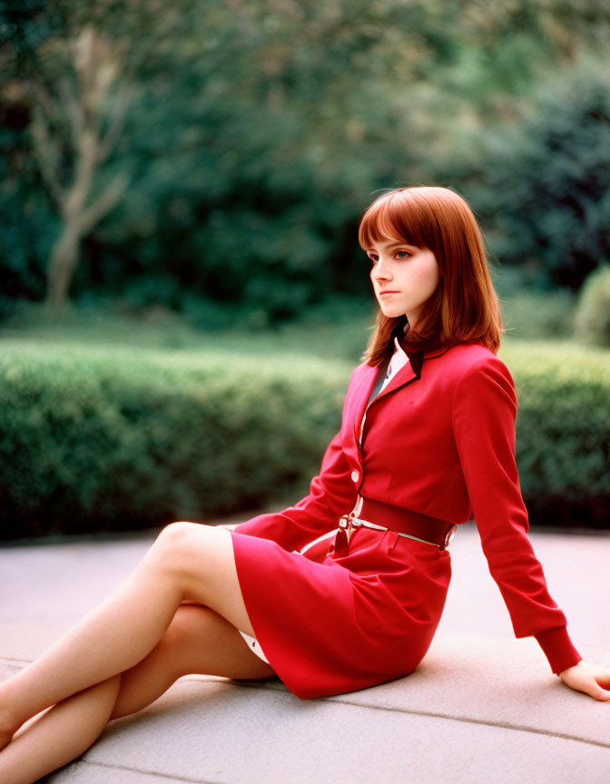Woman in red dress with belt sitting on step in greenery, styled hair with bangs.