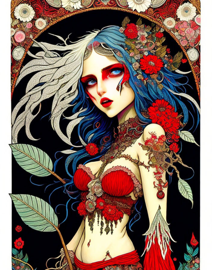Woman with Blue Hair and Red Lips in Ornate Floral Illustration
