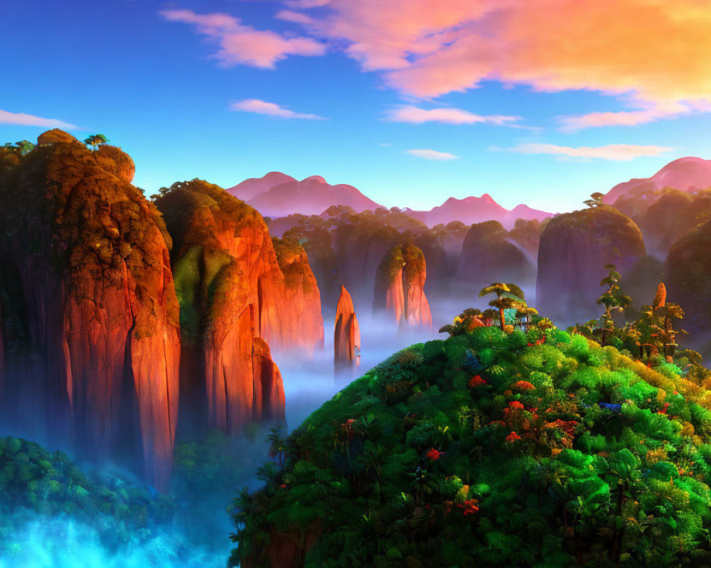 Scenic landscape with lush greenery, cliffs, waterfalls, hills, and sunset sky