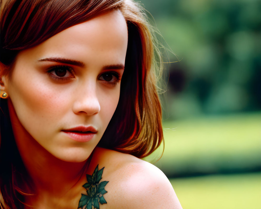 Short-haired woman with shoulder tattoos in thoughtful pose on green backdrop.