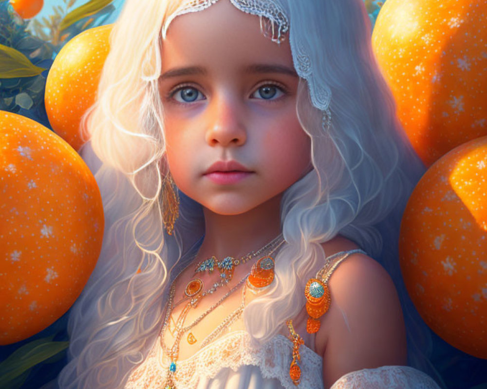 Digital Artwork: Young Girl with White Hair and Blue Eyes in Vibrant Sunlit Setting