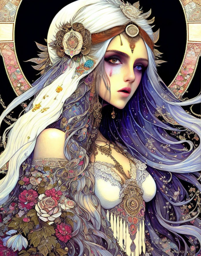 Illustrated female with purple flowing hair and ornate floral headdress.