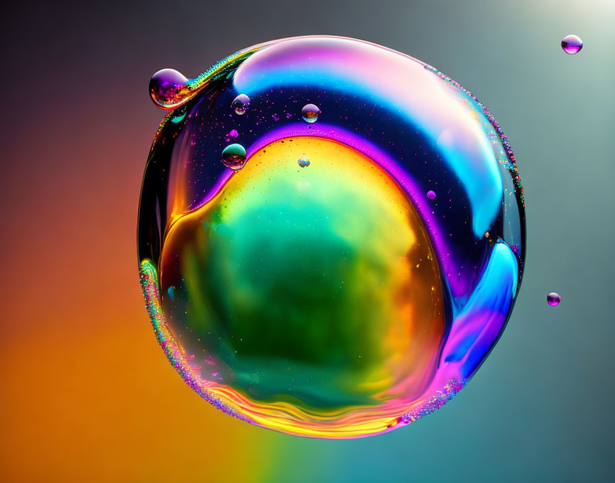 Colorful soap bubble with iridescent surface and smaller bubbles on gradient background.