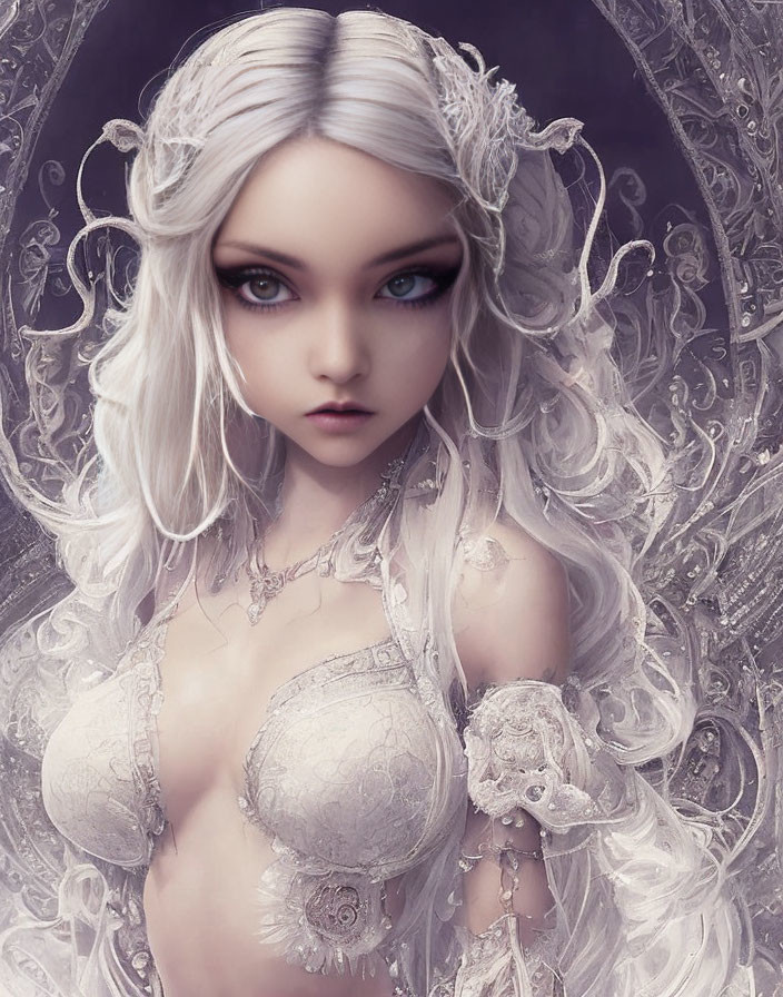 Fantasy character with pale skin, purple eyes, and silver-white hair in ornate jewelry against swirling