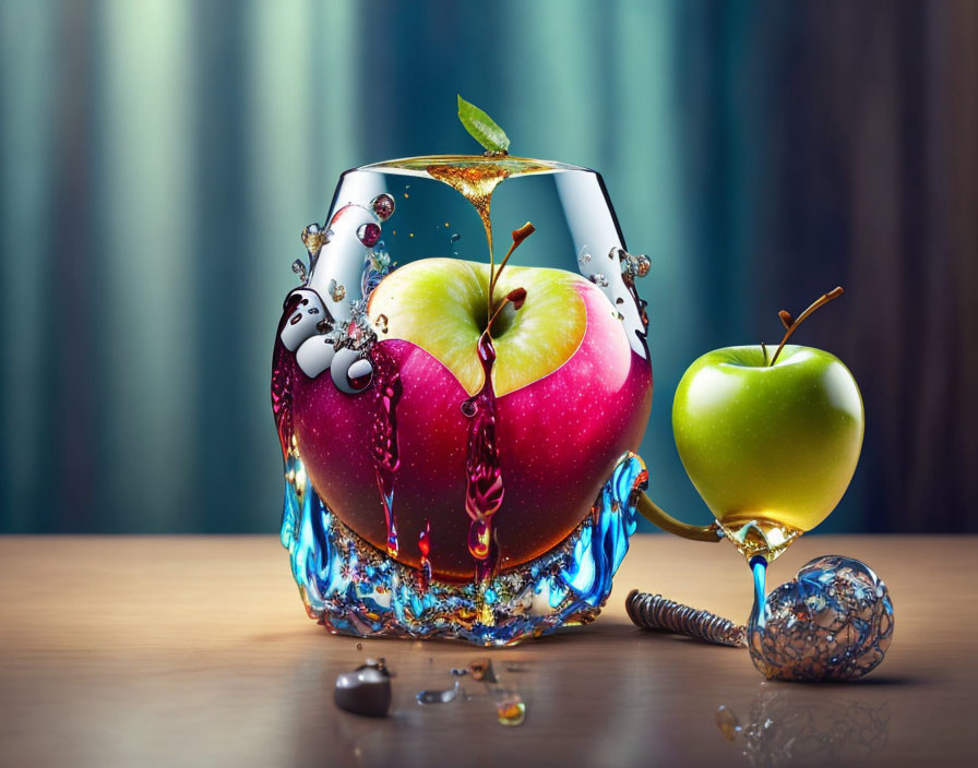 Colorful apples and liquid splashes in fishbowl on reflective surface