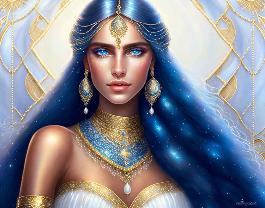 Illustration: Woman with radiant blue eyes, long flowing blue hair, adorned with intricate gold and white