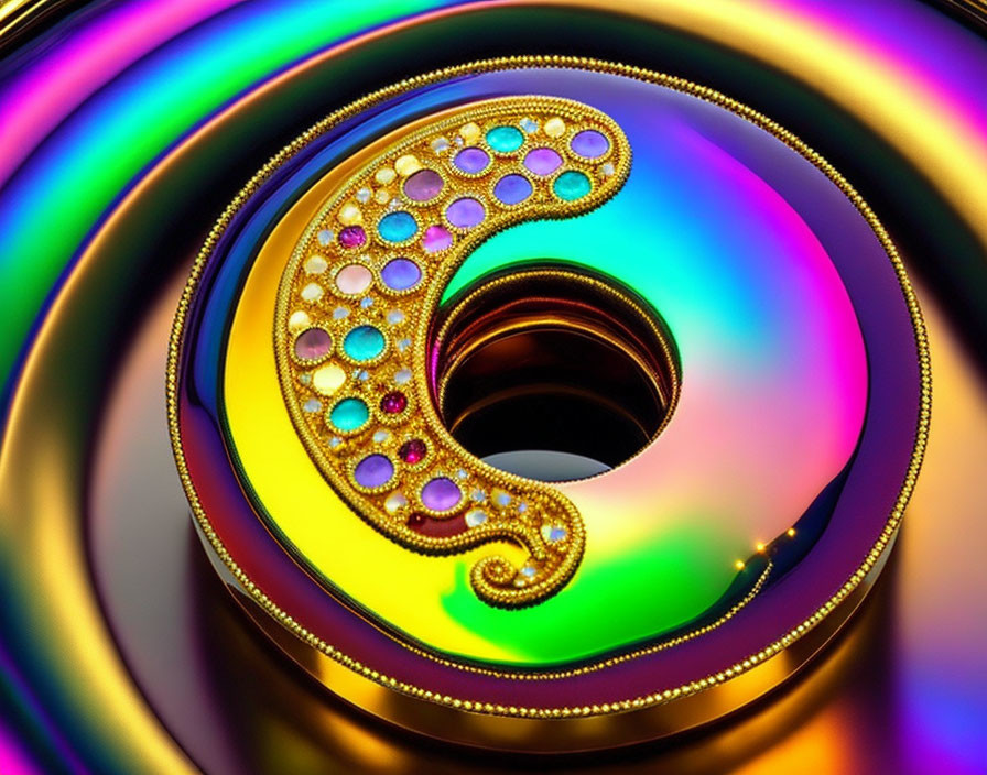 Abstract Rainbow Fractal Pattern with Golden Spiral and Gemstones