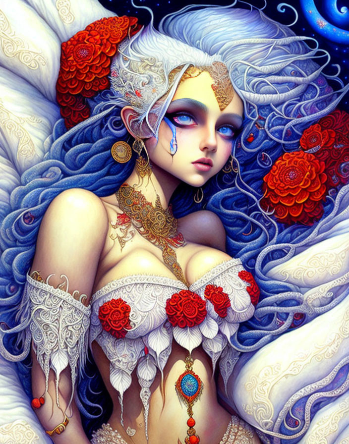 Fantasy illustration of woman with blue eyes and white-blue hair, adorned with red flowers and golden jewelry