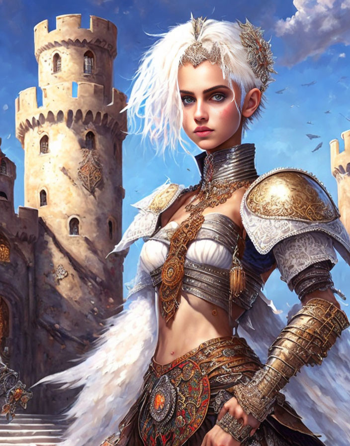 Fantasy illustration of a fierce woman in silver armor by majestic castle