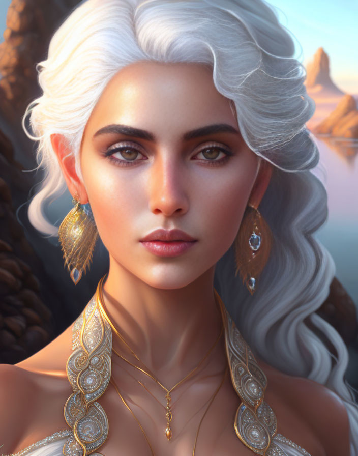 Portrait of woman with white hair and pointed ears, wearing gold jewelry by the coast