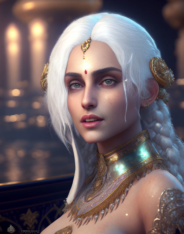 Fantasy digital artwork of a woman with white hair, blue eyes, golden jewelry, red bindi
