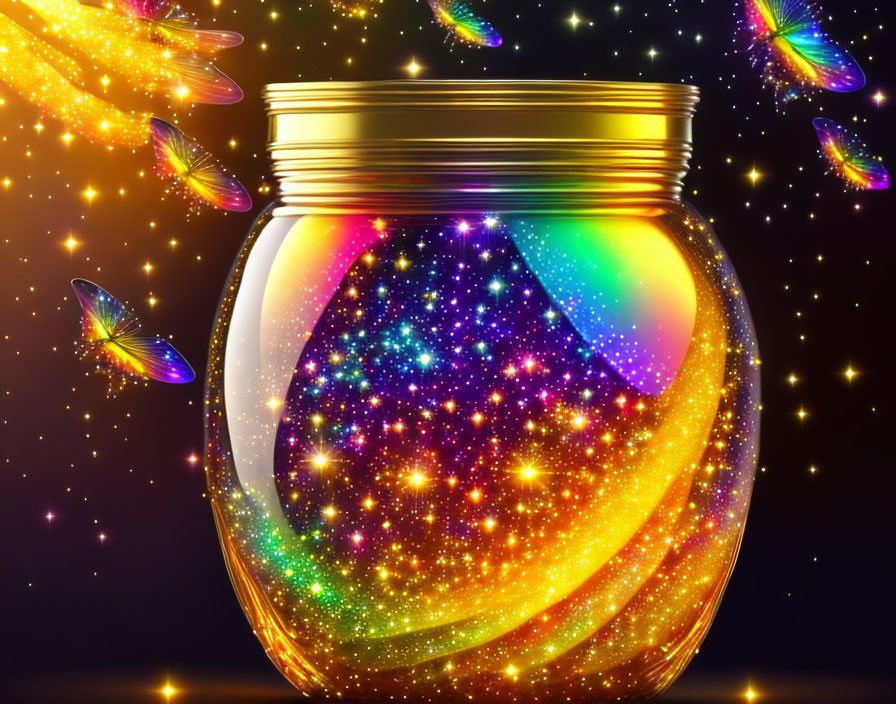 Colorful galaxy-filled jar with fluttering butterflies on starry backdrop