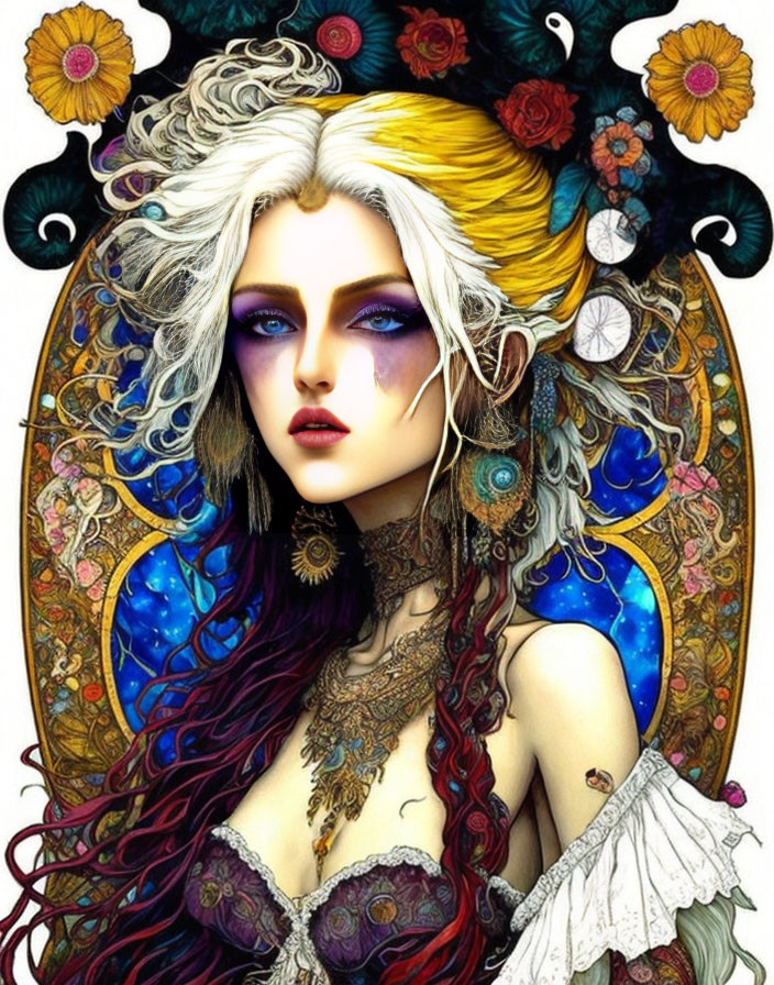 Fantasy female character with white and yellow hair, purple eyes, intricate jewelry, surrounded by floral and