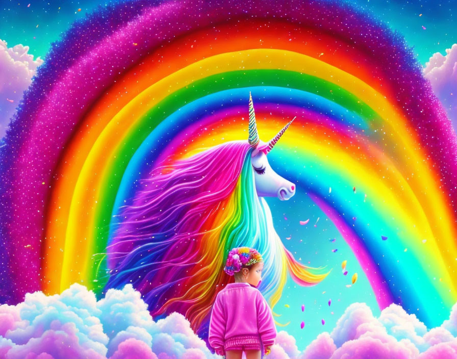 Child with Flower Crown and Unicorn under Rainbow in Magical Sky
