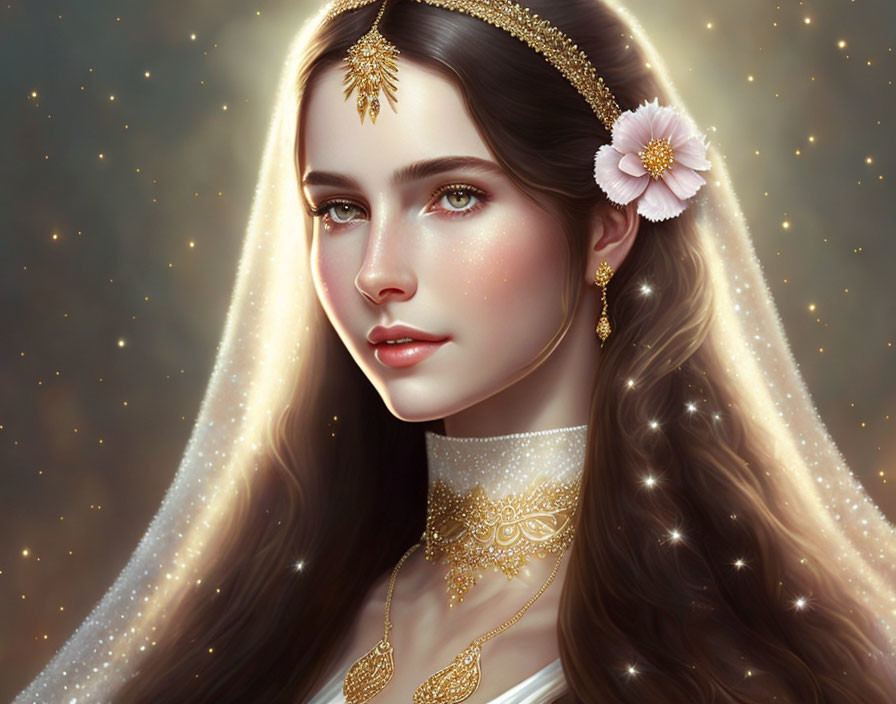 Illustration of woman with long wavy hair in gold jewelry and floral headpiece under starlit sky
