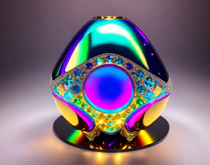 Iridescent egg-shaped object with jewel and gold embellishments on reflective surface