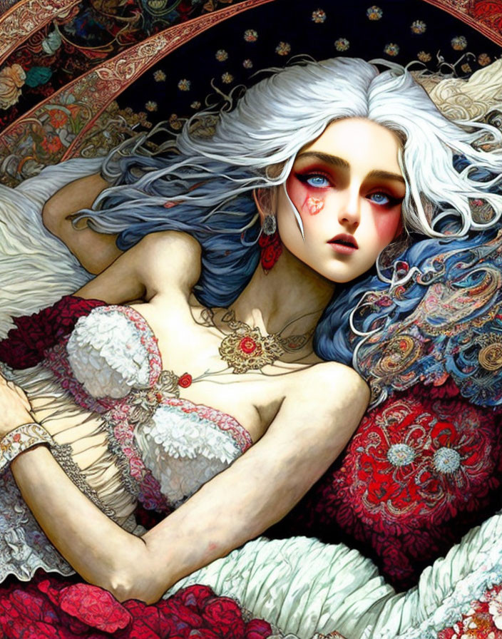 Fantastical digital artwork of a woman with pale skin, blue eyes, and silver hair.