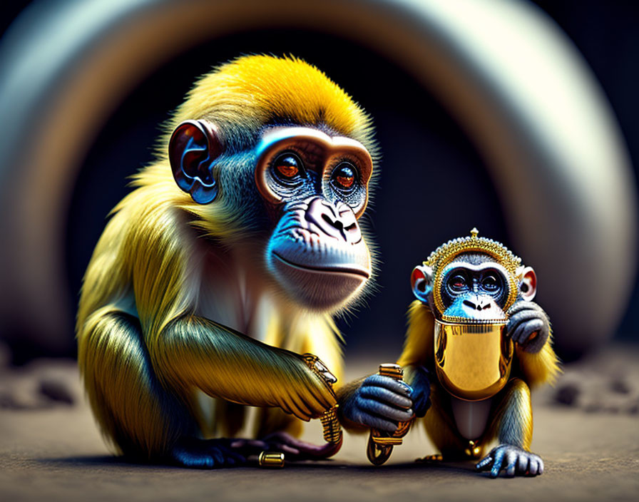 Two monkeys with blue faces, one holding a golden cup, the other a golden spoon, in a