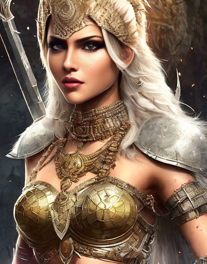 Fantasy female warrior with silver armor and golden jewelry