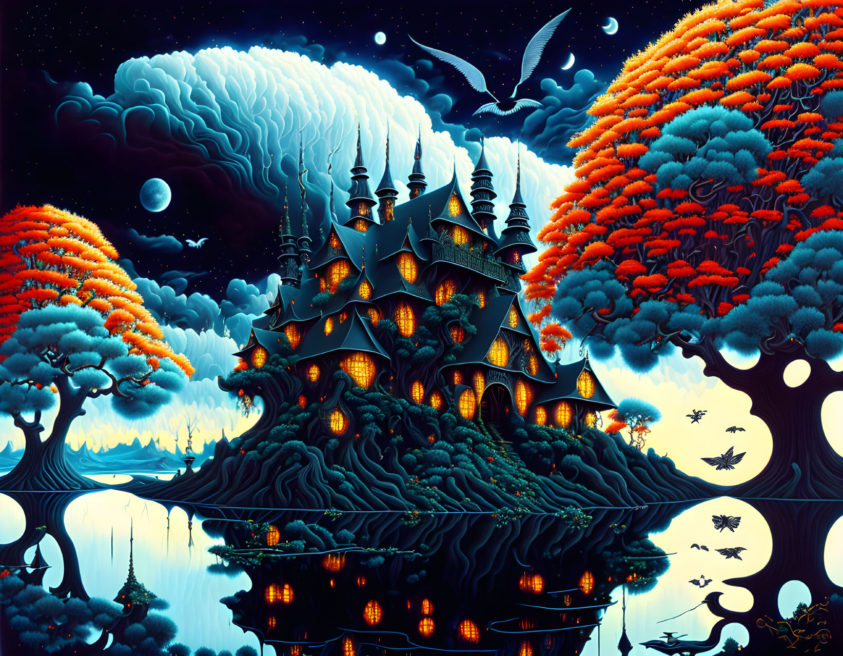 Fantastical night scene: illuminated castle, orange trees, floating islands, creatures, crescent moon