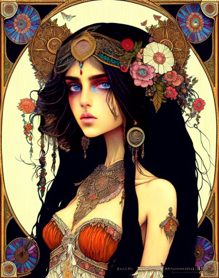 Illustration: Woman with Blue Eyes, Ornate Headdress, Floral Decorations, and Shoulder Tatto