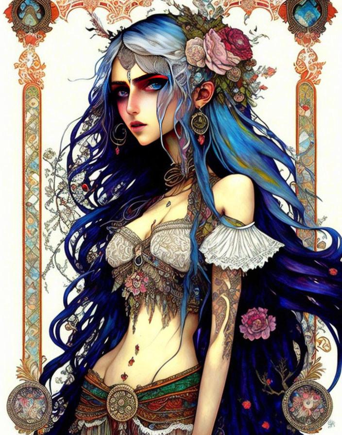 Fantasy Woman Illustration: Vibrant Blue Hair, Striking Eyes, Floral Decorations