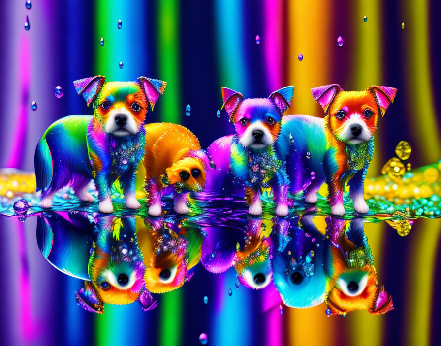 Four colorful rainbow-hued puppies standing in water with reflections beneath dripping colors