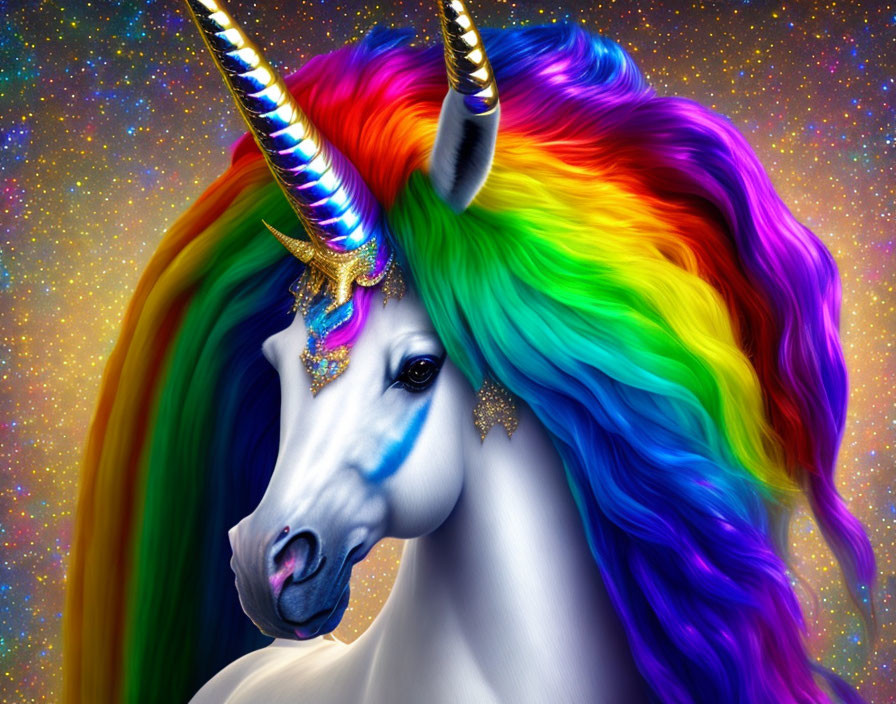 Colorful Unicorn with Rainbow Mane and Metallic Horn on Cosmic Background
