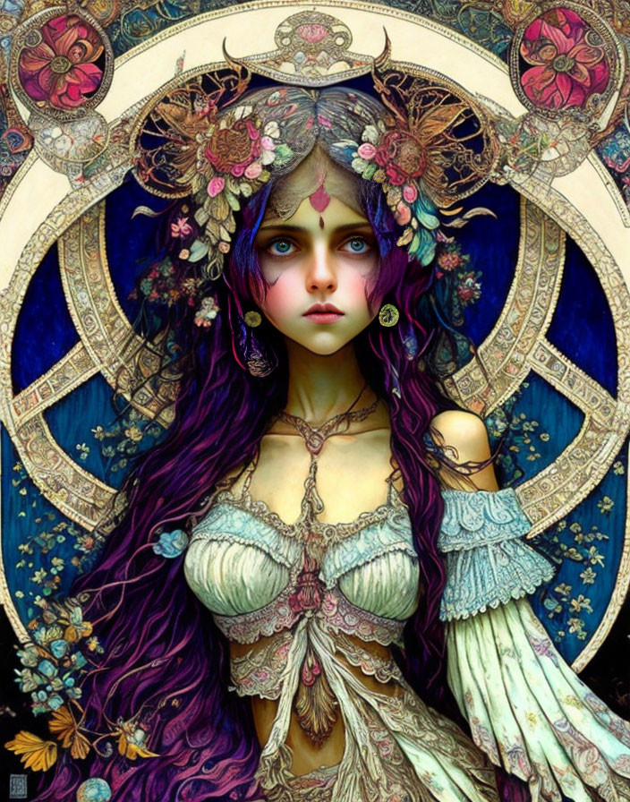 Fantastical Female Character with Blue Eyes, Purple Hair, and Floral Headdress on Mandala Background