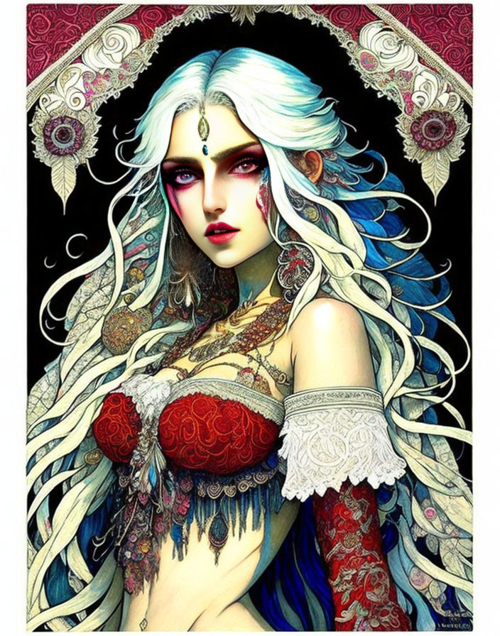 Illustrated fantasy woman with white hair, red lips, ornate jewelry, feathers, and intricate patterns