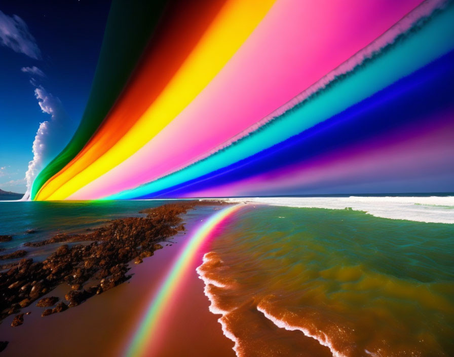 Digitally Enhanced Rainbow Over Calm Ocean Shoreline