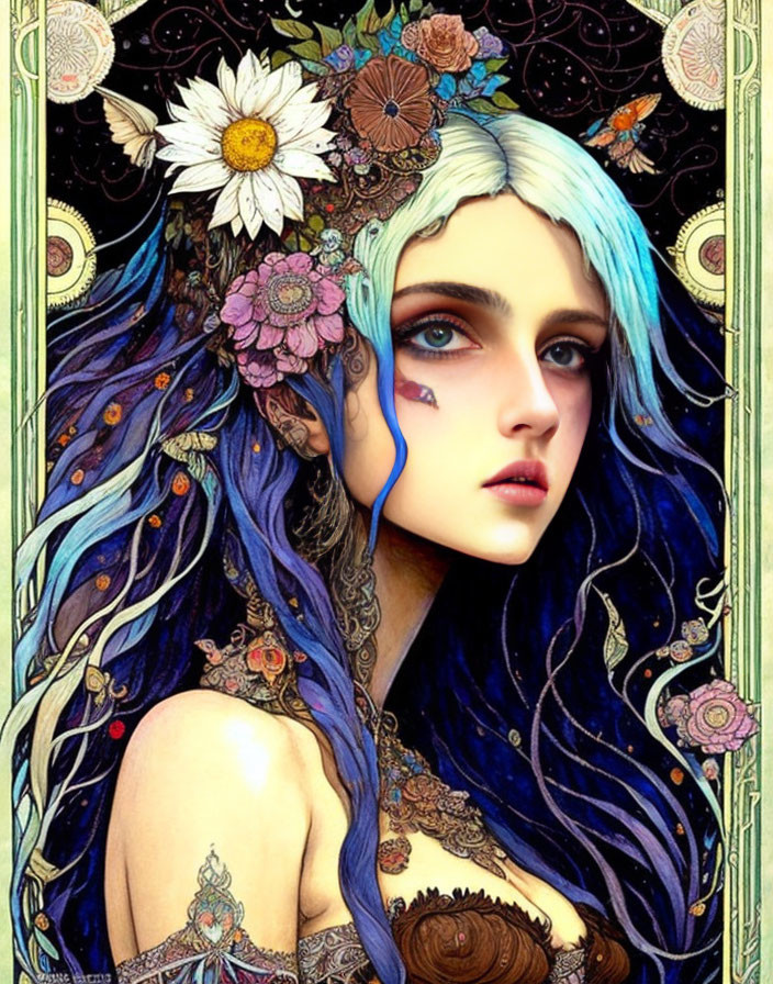 Detailed Art Nouveau Illustration of Woman with Blue Hair and Floral Adornments