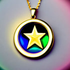 Circular Gold-Rimmed Pendant with Star Design on Blue and Green Background
