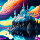 Fantastical landscape with whimsical spire-like structures on an island