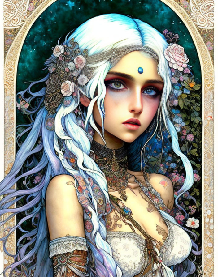 Pale-skinned female figure with white hair and blue eyes, adorned with floral jewelry on vibrant background